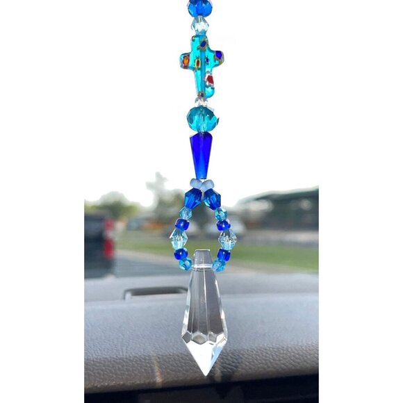 Beaded Suncatcher Rearview Mirror Ornament Cross Blue Crystal Prism Car Charm - Picture 3 of 10